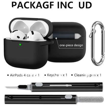 COMFORTH black silicone earbud charging case with keychain and cleaning pen. Case holds white earbuds.