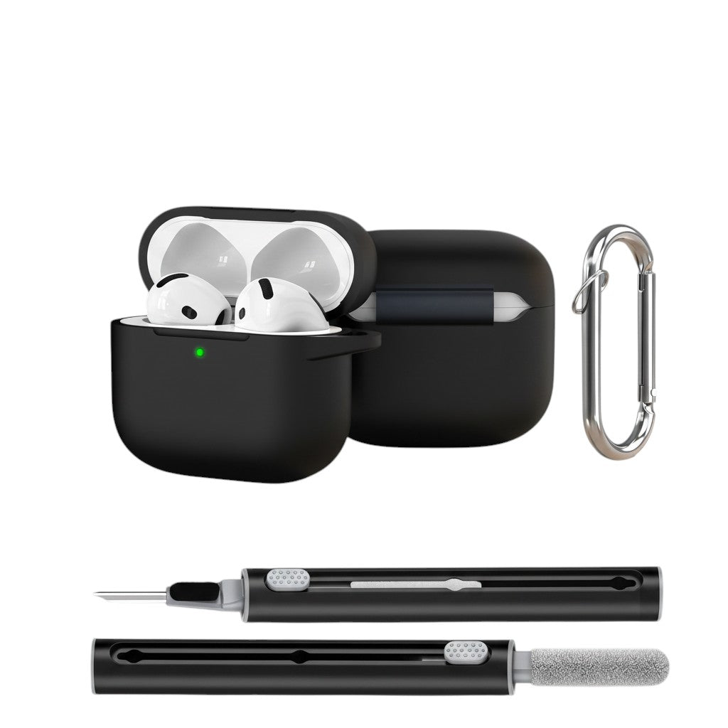 COMFORTH black silicone earbud charging case with keychain clip and cleaning pen. Case holds white earbuds.