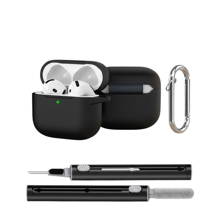 COMFORTH black silicone earbud charging case with keychain clip and cleaning pen. Case holds white earbuds.