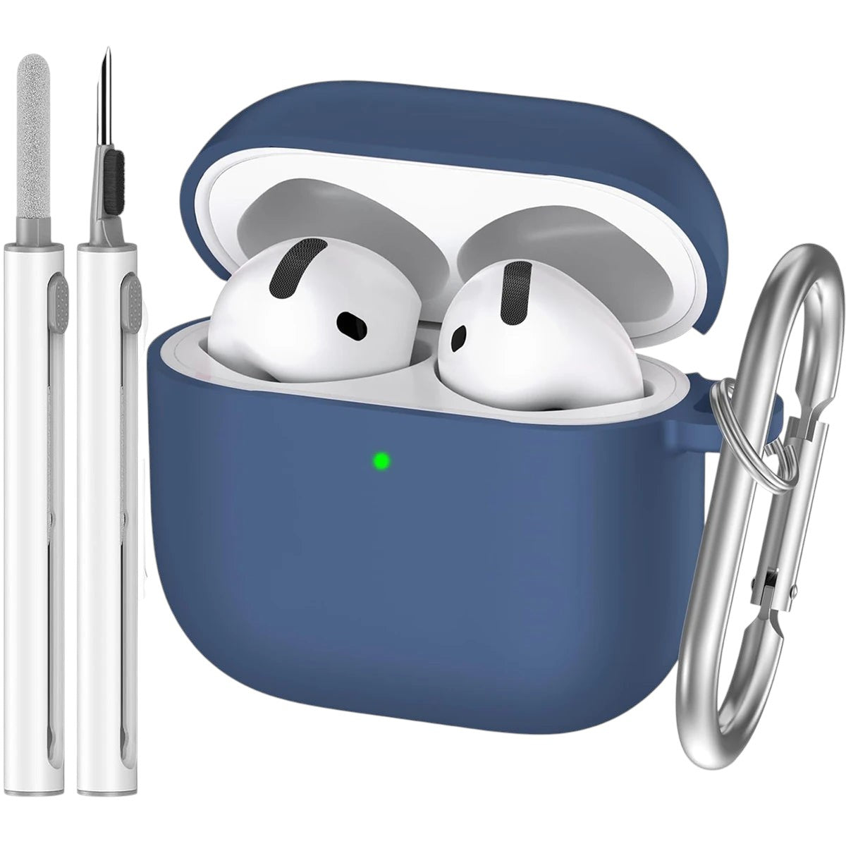 COMFORTH blue silicone earbud charging case with keychain, includes cleaning pen with brush and flocking sponge.