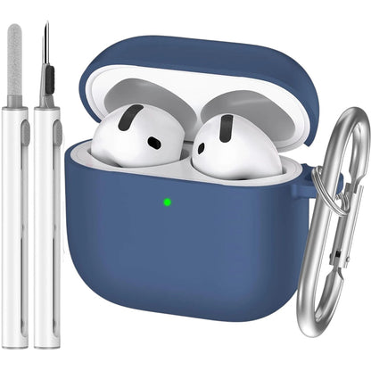 COMFORTH blue silicone earbud charging case with keychain, includes cleaning pen with brush and flocking sponge.