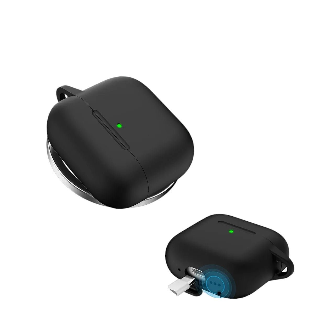 COMFORTH black silicone earbud charging case with keychain and cleaning pen, showing charging port.