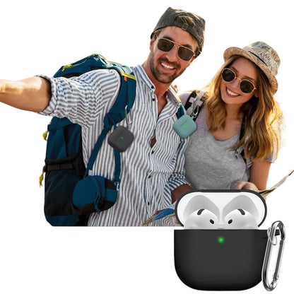 COMFORTH black silicone earbud charging case with keychain and cleaning pen, shown with earbuds inside.