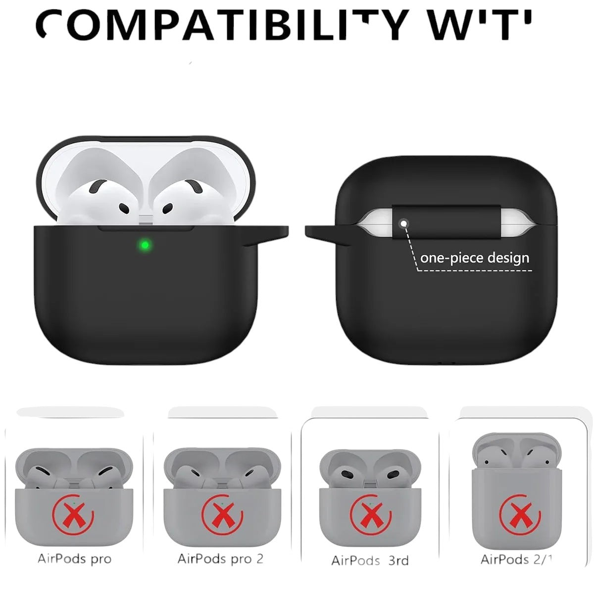 COMFORTH black silicone earbud charging case with keychain and cleaning pen, compatible with AirPods Pro, Pro 2, 3rd, and 2/1.