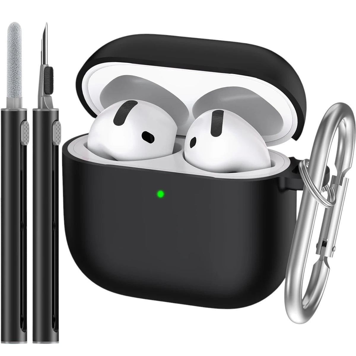 COMFORTH black silicone earbud charging case with cleaning pen and keychain clip, holds white earbuds.