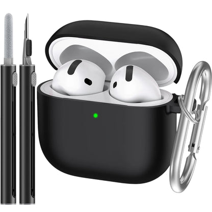 COMFORTH black silicone earbud charging case with cleaning pen and keychain clip, holds white earbuds.