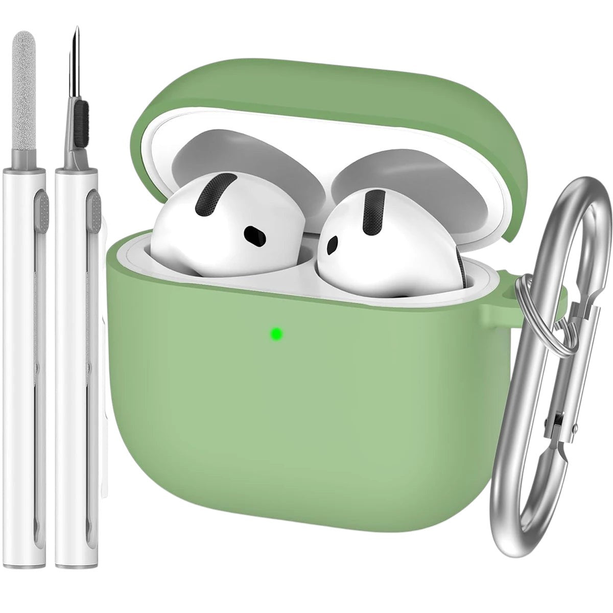 COMFORTH green silicone earbud charging case with keychain, includes cleaning pen. Holds white earbuds.