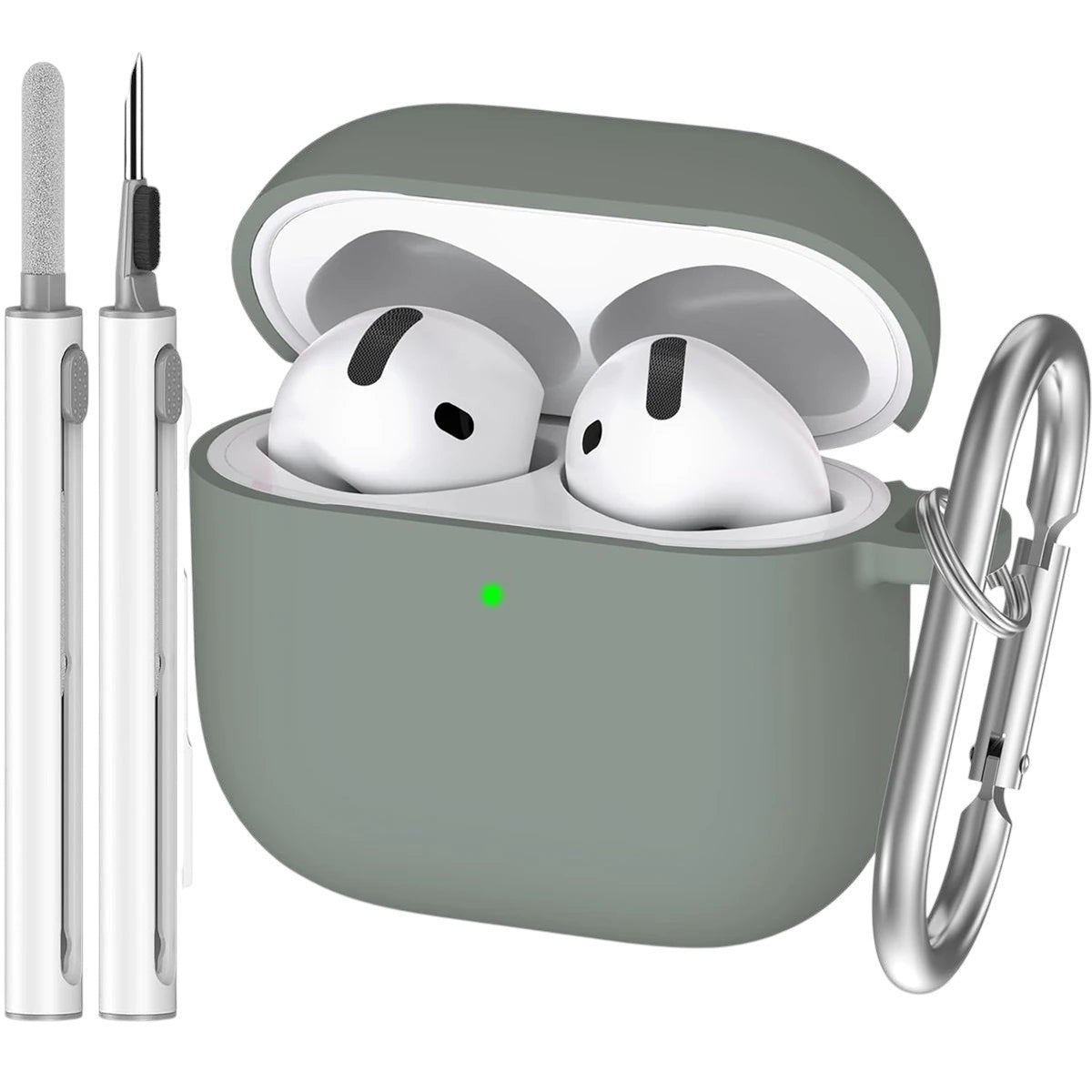 COMFORTH grey silicone earbud charging case with white earbuds inside, includes cleaning pen and keychain clip.
