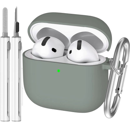 COMFORTH grey silicone earbud charging case with white earbuds inside, includes cleaning pen and keychain clip.