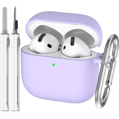 COMFORTH lavender silicone earbud charging case with keychain, includes cleaning pen for earbuds.