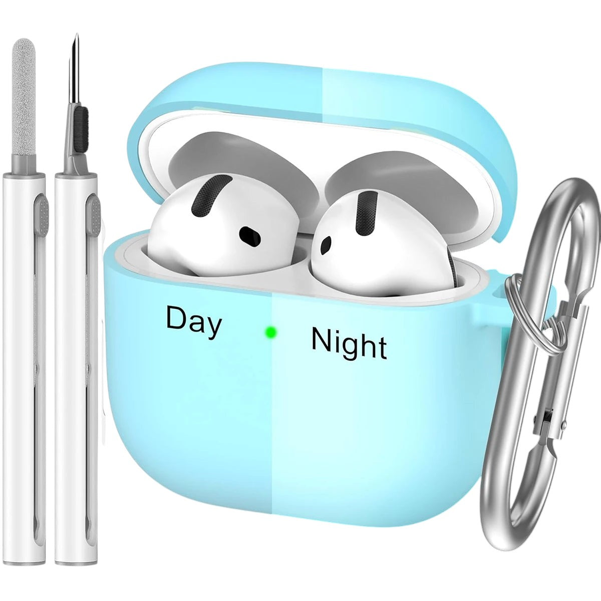 COMFORTH light blue silicone earbud charging case with keychain and cleaning pen, holds white earbuds.