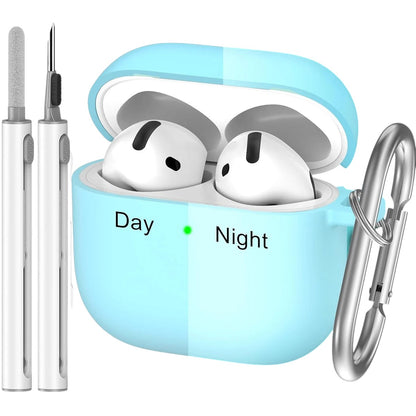 COMFORTH light blue silicone earbud charging case with keychain and cleaning pen, holds white earbuds.