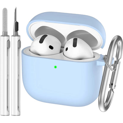 COMFORTH light blue silicone earbud charging case with earbuds inside, cleaning pen, and keychain clip.