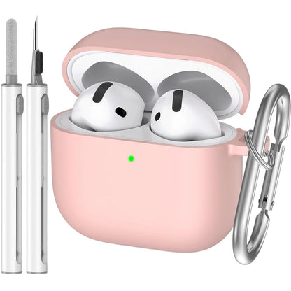 COMFORTH pink silicone earbud charging case with cleaning pen and keychain clip, holds white earbuds.