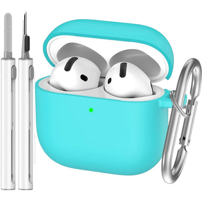 COMFORTH turquoise silicone earbud charging case with white earbuds inside, cleaning pen, and keychain clip.