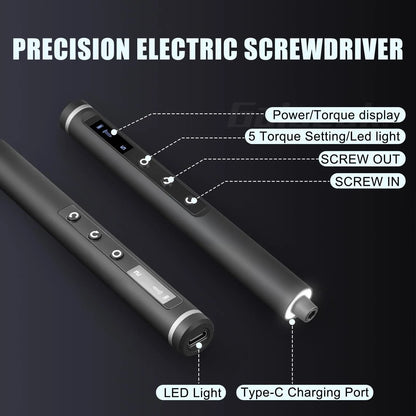 COMFORT Electric Precision Torque Screwdriver with LED light, digital display, 5 torque settings, Type-C charging.