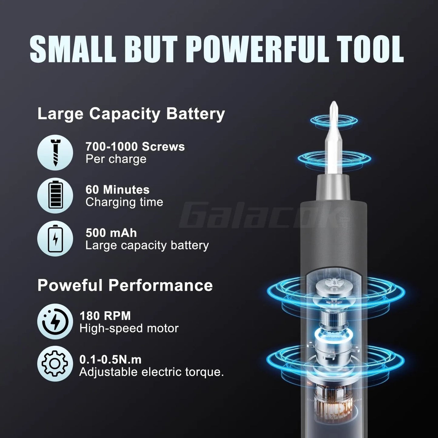 COMFORT electric precision torque screwdriver with LED light, 180 RPM, 0.1-0.5N.m adjustable torque, 500mAh battery.