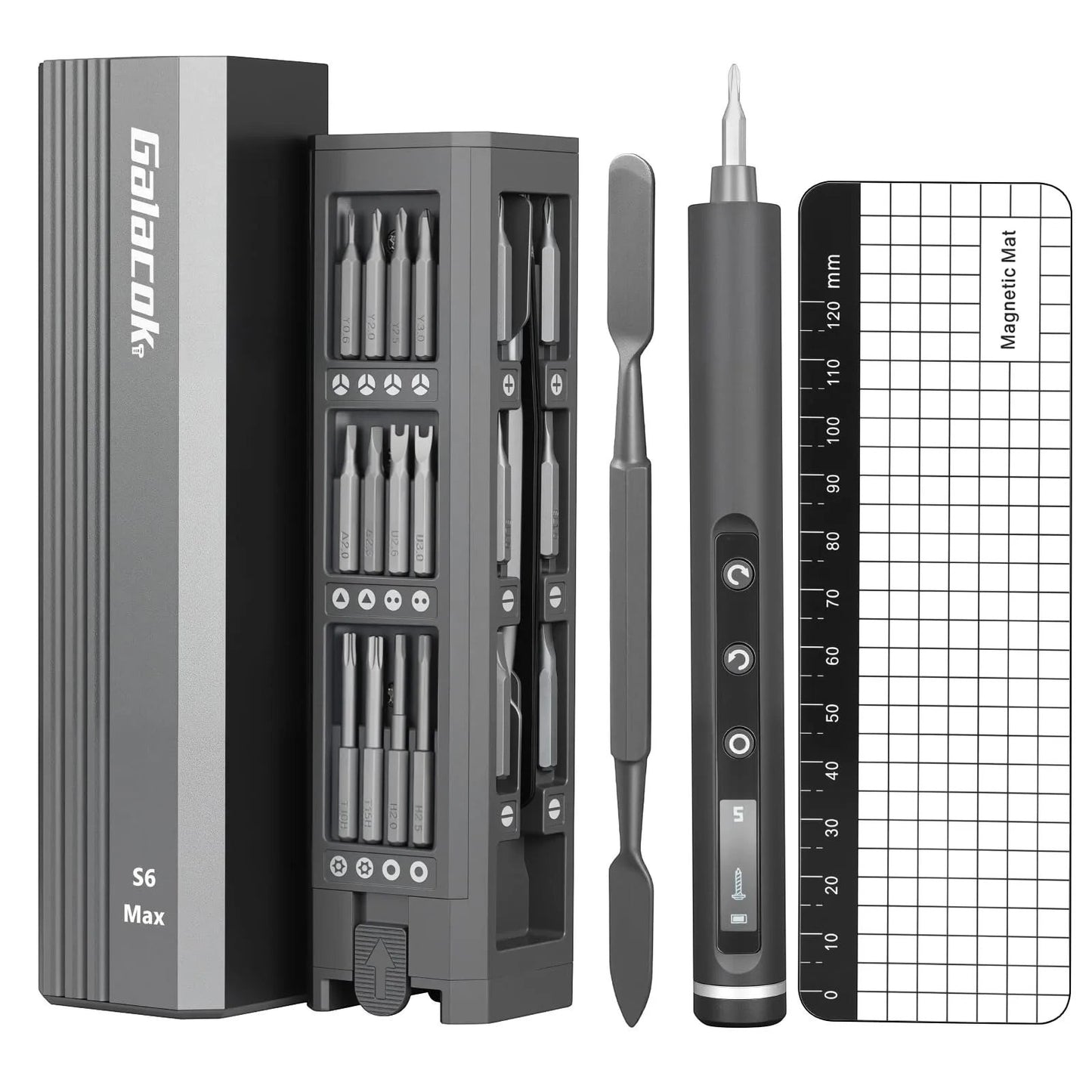 COMFORT Electric Precision Torque Screwdriver with LED light, digital display, and multiple bits. Includes magnetic mat.