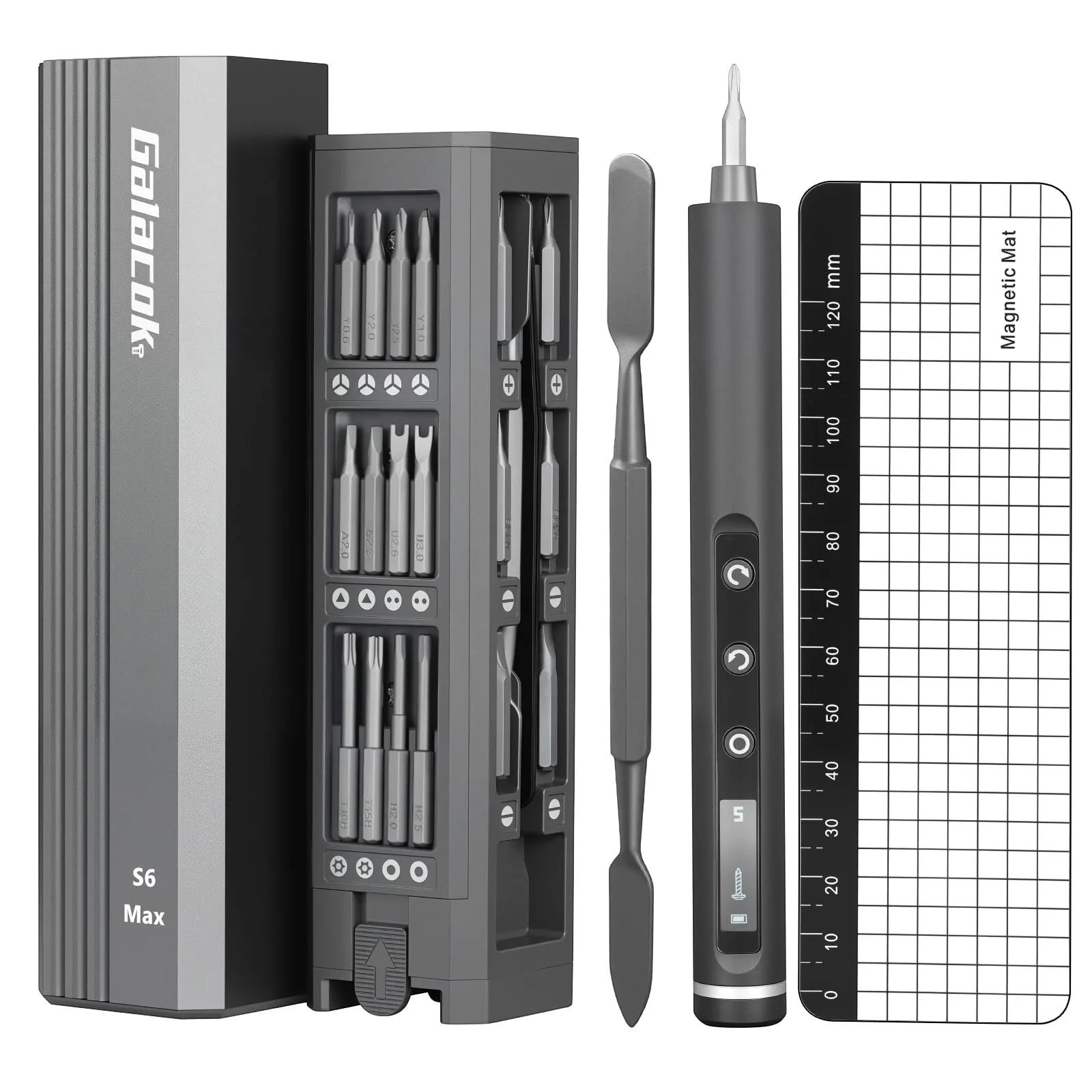 COMFORT Electric Precision Torque Screwdriver with LED light, digital display, and multiple bits. Includes magnetic mat.