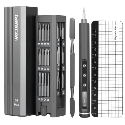 COMFORT Electric Precision Torque Screwdriver with LED light, digital display, and multiple bits. Includes magnetic mat.