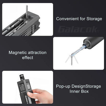 COMFORT electric precision torque screwdriver with LED light, adjustable torque, and magnetic bit holder. Includes storage case.