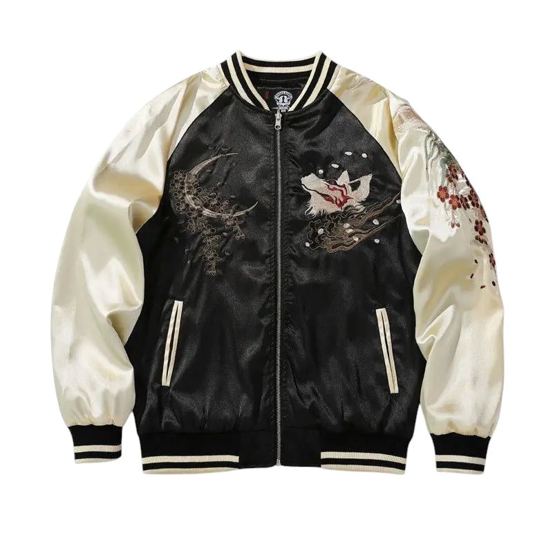 COMFORTH embroidered black and cream satin bomber jacket with floral and mythical creature accents.
