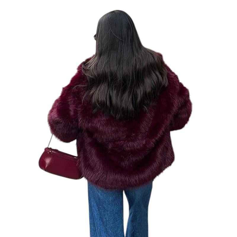 COMFORTH women's plush faux fur winter jacket in deep burgundy, featuring a relaxed fit and oversized collar.