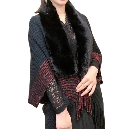 COMFORTH faux fur trimmed knit poncho wrap with fringe detail in black and burgundy
