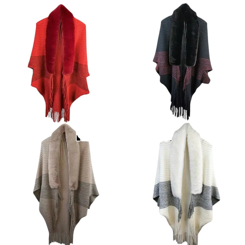 COMFORTH Faux fur trimmed knit poncho wrap with fringe in red, black, beige, and white colorways.