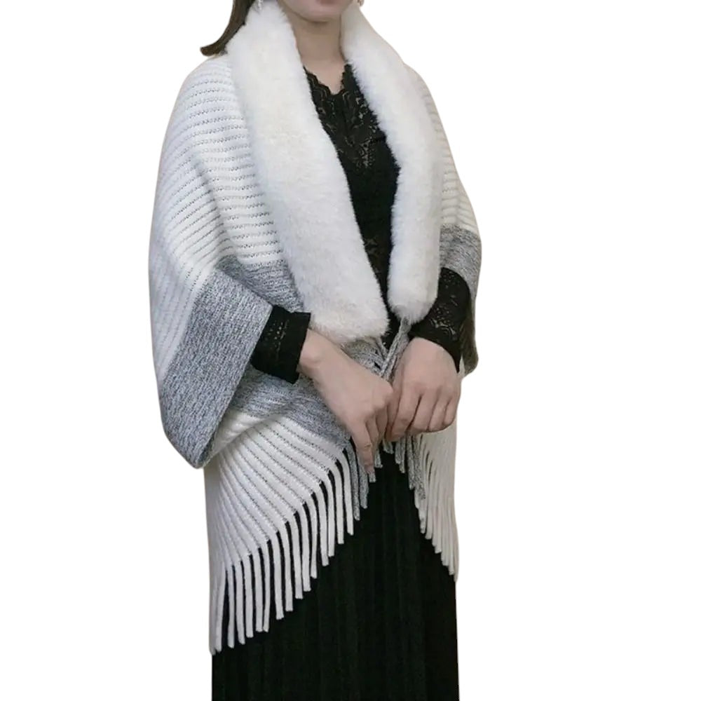 COMFORTH white and grey striped knit poncho wrap with faux fur collar and fringe detail