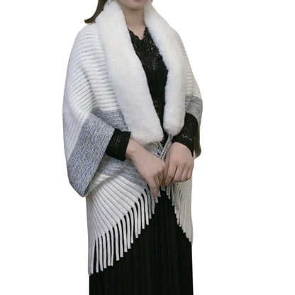 COMFORTH white and grey striped knit poncho wrap with faux fur collar and fringe detail