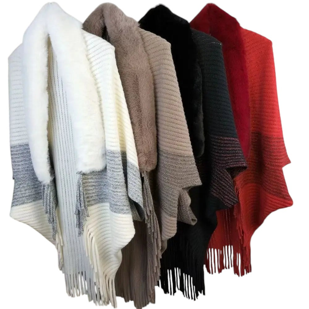 COMFORTH faux fur trimmed knit poncho wrap with fringe detail in cream, taupe, black, and red.