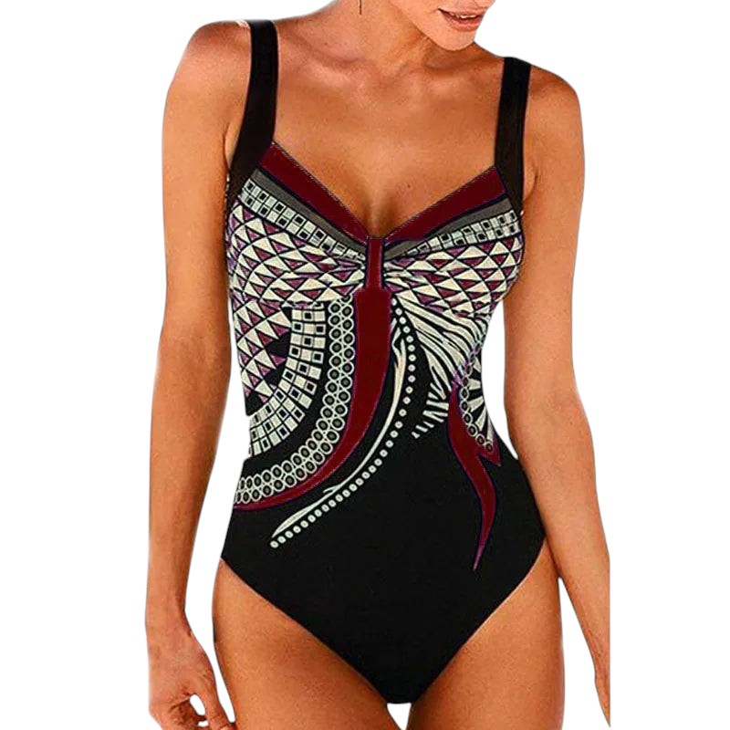 COMFORTH women's one-piece swimsuit with geometric print in black, white, and burgundy. Features adjustable straps and a flattering silhouette.