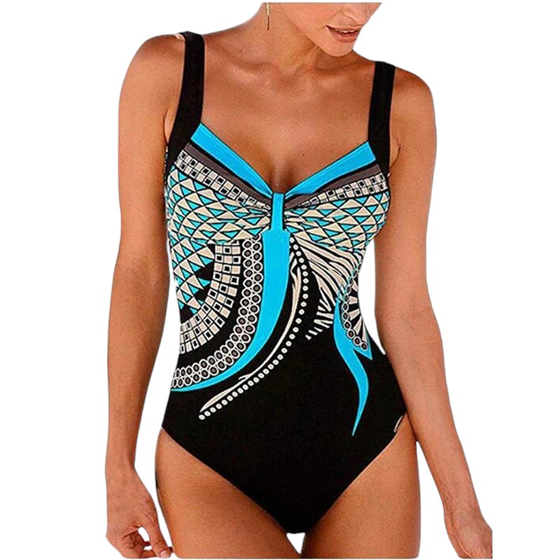 COMFORTH Women's one-piece swimsuit with geometric print in blue, black, and white. Features adjustable straps and a flattering design.