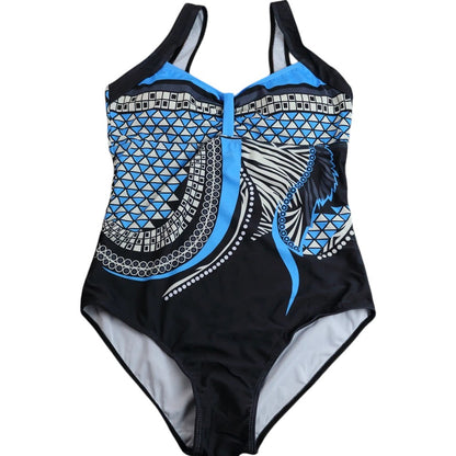 COMFORT women's one-piece swimsuit with blue, black, and white geometric print and adjustable straps.