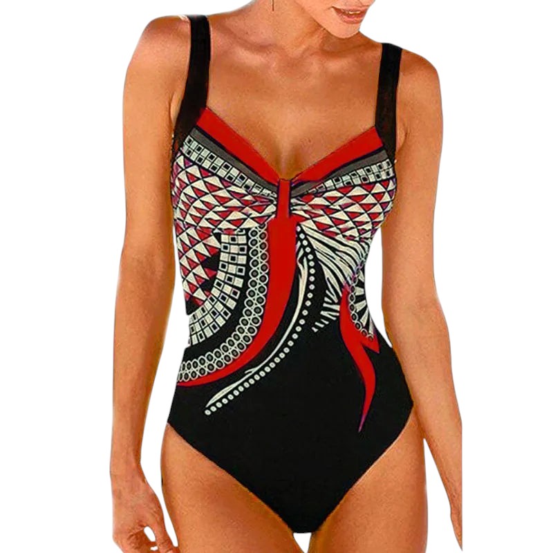 COMFORTH Women's one-piece swimsuit with geometric print in black, red, white, and grey. Features adjustable straps and a flattering design.