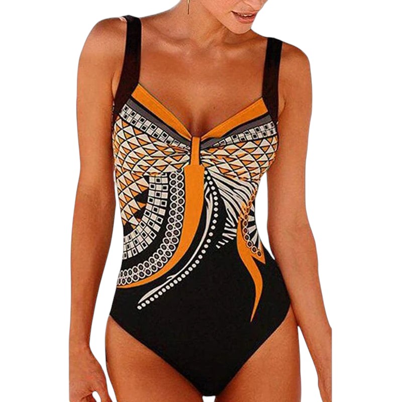COMFORTH women's one-piece swimsuit with geometric print in orange, black, and white. Features adjustable straps and a flattering design.