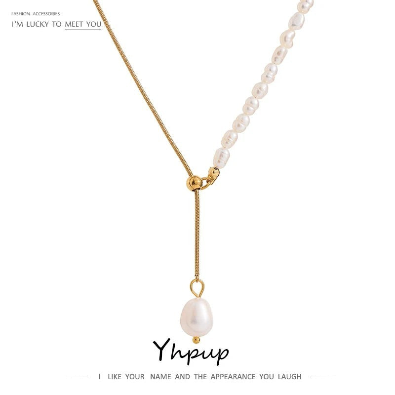 COMFORTH gold chain necklace with freshwater pearls and adjustable slider, lariat style.