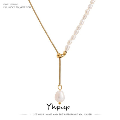 COMFORTH gold chain necklace with freshwater pearls and adjustable slider, lariat style.