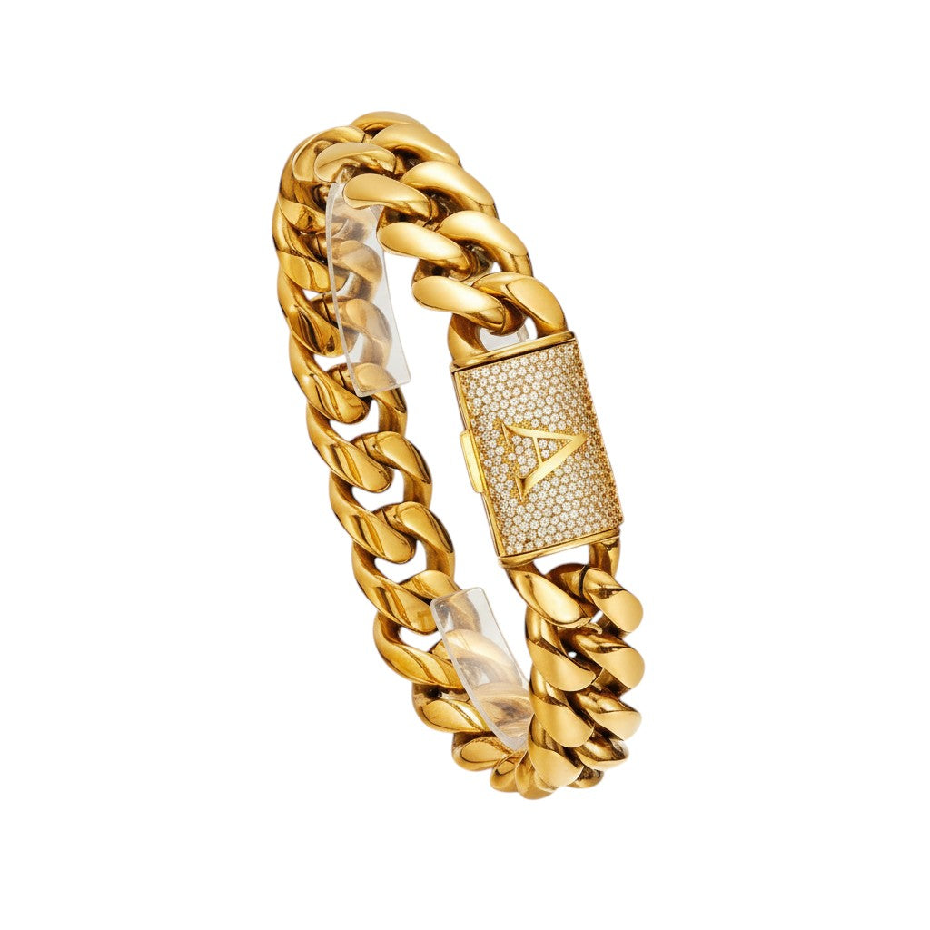 Men's Gold Cuban Link Bracelet With Paved Clasp A