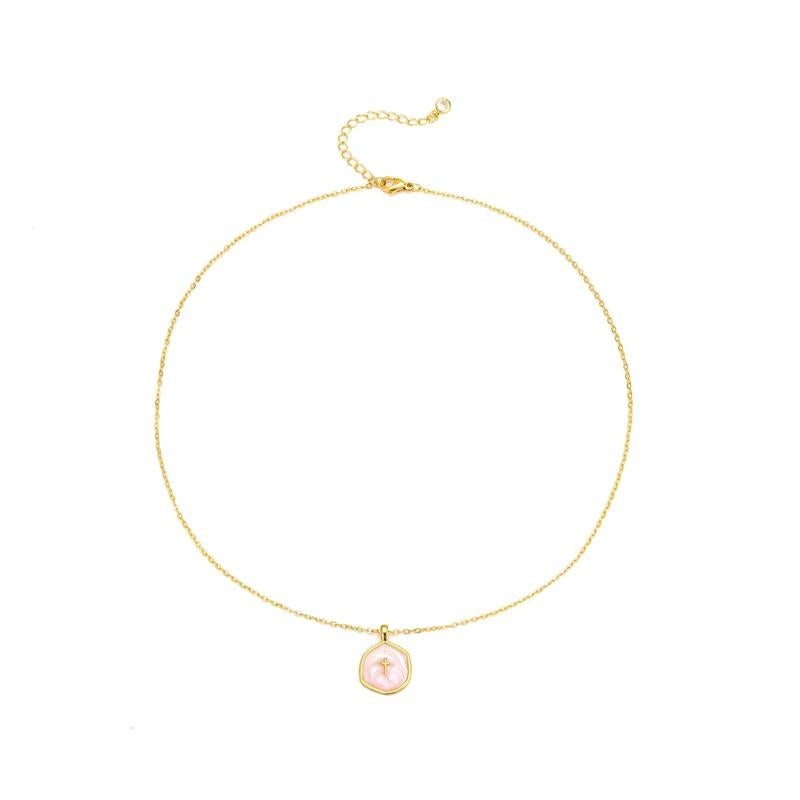 COMFORTH 14K gold plated necklace with a pink mother-of-pearl inlay pendant featuring a subtle cross design. Adjustable chain.