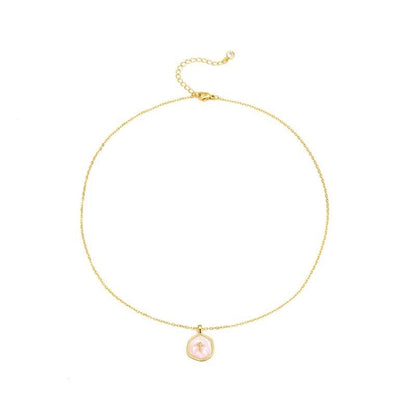 COMFORTH 14K gold plated necklace with a pink mother-of-pearl inlay pendant featuring a subtle cross design. Adjustable chain.