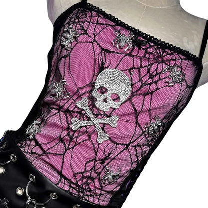 COMFORTHot pink lace corset top with black spider web overlay, rhinestone skull & crossbones, and spider accents. Black lace trim.