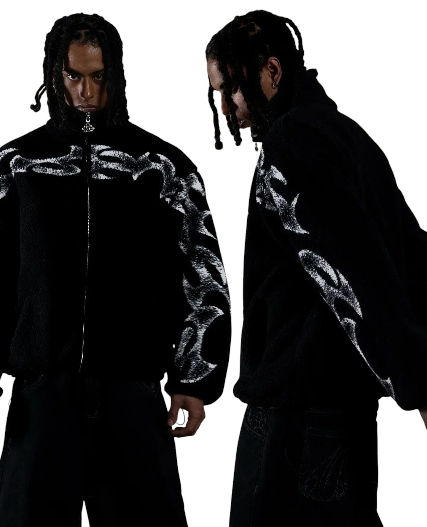 COMFORT black fleece jacket with white abstract flame graphic print, high collar, and full zip. Model wears relaxed fit.