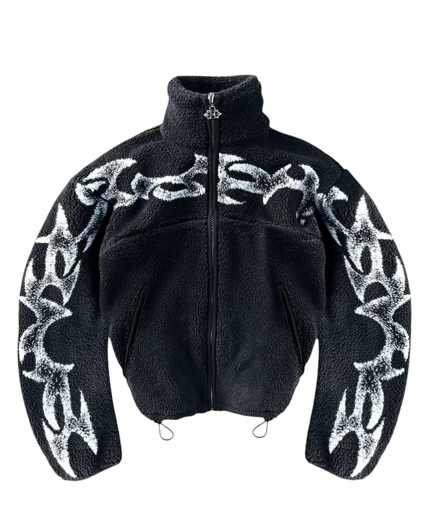 COMFORT black fleece jacket with white abstract flame graphic print, high collar, full zip, and drawstring hem.