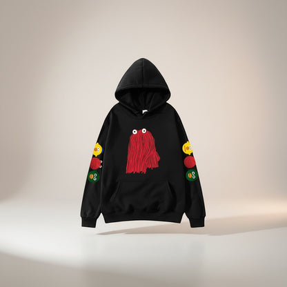COMFORTH black graphic hoodie with red character on front and colorful icons on sleeves. Soft fabric, ribbed cuffs, and front pocket.