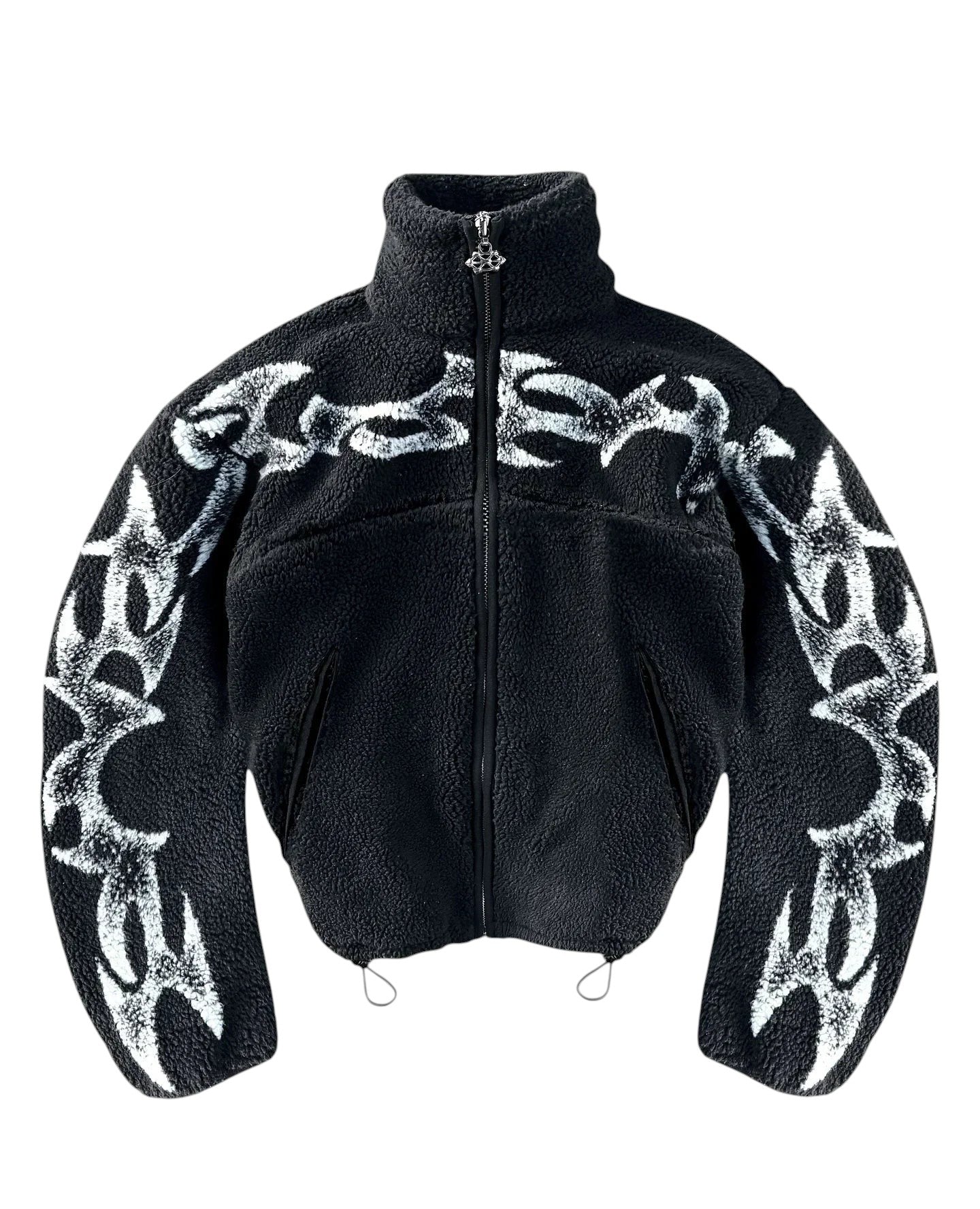 COMFORT black fleece jacket with white abstract flame graphic print, high collar, full zip, and drawstring hem.