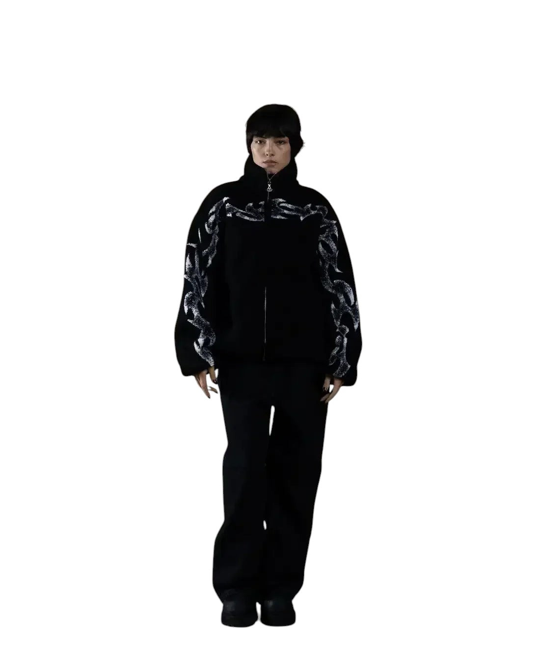 COMFORT black fleece jacket with abstract white flame graphic print, high collar, full zip, and relaxed fit.