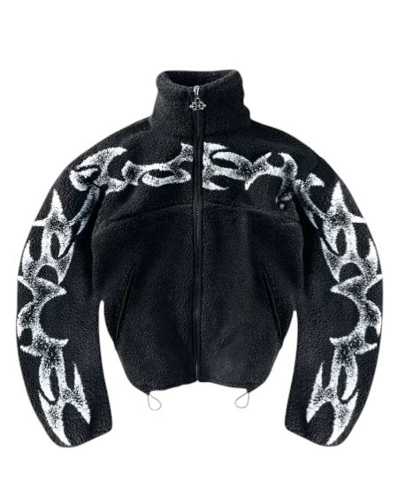 COMFORT black fleece jacket with white abstract flame graphic print, high collar, full zip, and drawstring hem.