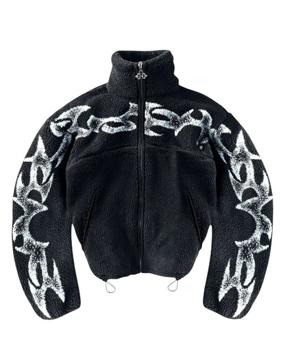 COMFORT black fleece jacket with white abstract flame graphic print, high collar, full zip, and drawstring hem.